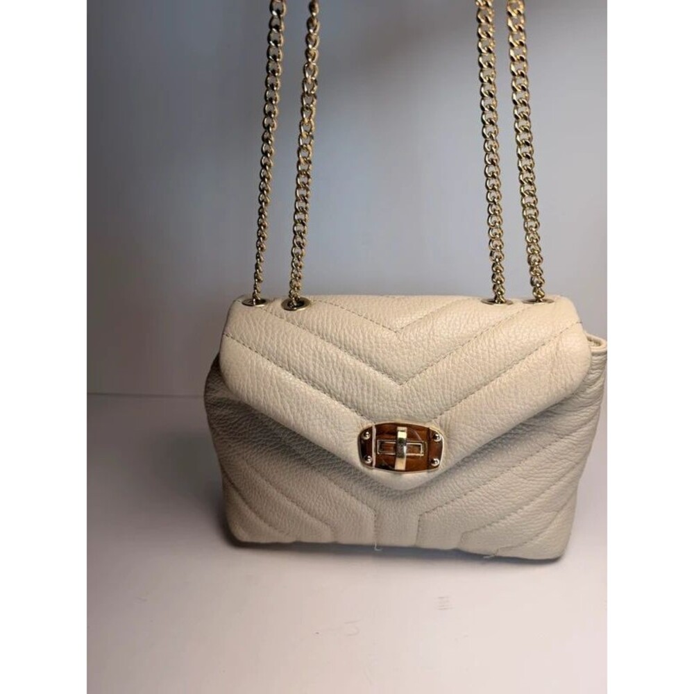 Divina Firenze Italian Genuine Leather Chevron Quilted Crossbody Bag - Beige